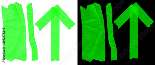 Canvas Print Neon green masking tape strips and arrow, fluorescent adhesive tape pieces on bl