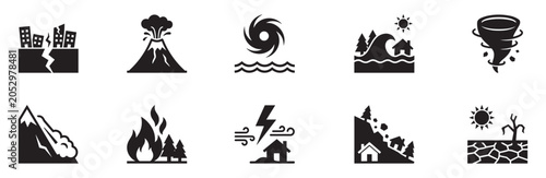 Natural disaster and weather cataclysm icon set. Emergency situation and environmental damage symbols. Climate crisis concept. Vector illustration, vector graphic, EPS 10