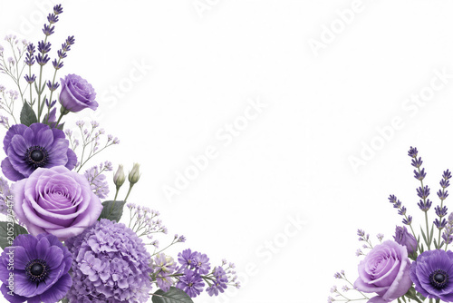 Lavender and purple floral arrangement on white corner