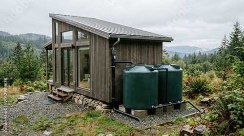 Modern tiny house with rainwater harvesting system in forest. Sustainable off grid cabin living with green water storage tank. Eco friendly home design for remote wild nature retreat.