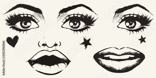 Obraz na plátně Facial Features Illustration Retro Ink Sketch Style With Black And White Tones