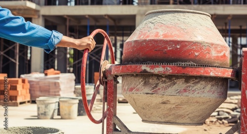 Construction site worker operating a cement mixer for building project