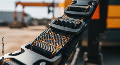 Heavy duty construction ratchet strap with orange stitching for securing loads on site