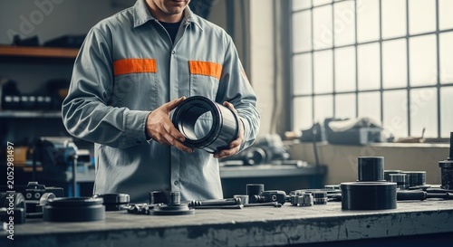 Industrial construction worker assembling mechanical components in a workshop