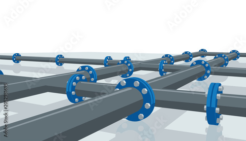 Network of grey industrial pipes with blue bolted flanges arranged in a grid pattern on a clean light grey surface for industry.