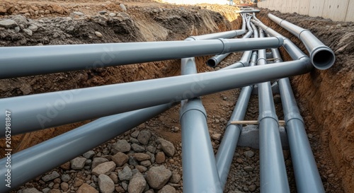 Underground construction installation of gray pvc conduit pipes in trench for electrical systems