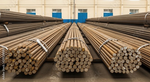 Reinforcing steel rebar bundles in warehouse construction materials for infrastructure projects