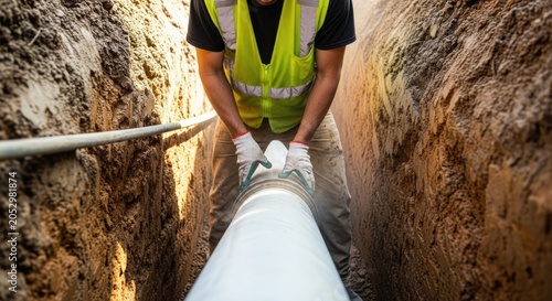 Construction worker installing large white pipe in a trench for infrastructure development project