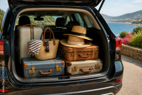 Car trunk loaded with suitcases and travel gear by coast