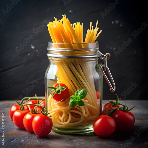 Spaghetti in a jar with fresh tomatoes on a black