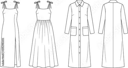 Fényképezés Technical fashion sketches of a summer camisole dress with tie straps and a long-sleeve button-front coat dress