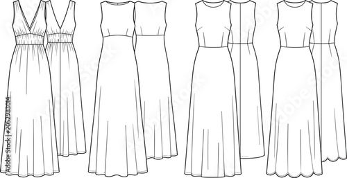 Photos Technical fashion sketches of sleeveless maxi dresses featuring various necklines, gathered bodices, and scalloped hem details