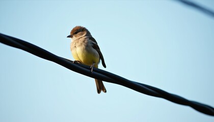 Small bird with yellow breast perches on a dark power line against a clear blue sky. The little creature looks to the side. Wildlife outdoors.