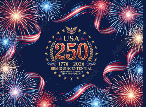 USA 250 Semiquincentennial Celebration Background with Fireworks and American Eagle Emblem