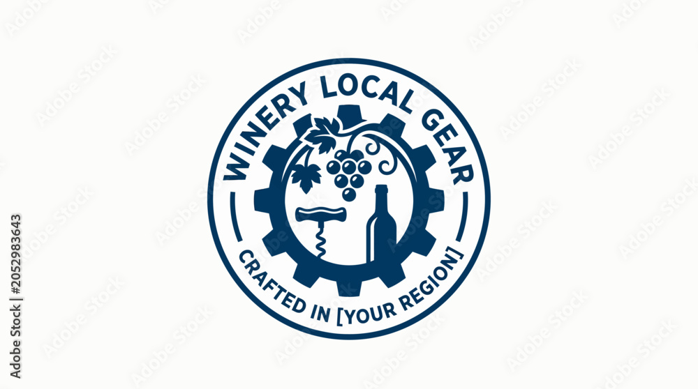 Fototapeta premium Blue winery local gear badge with grapes and bottle.