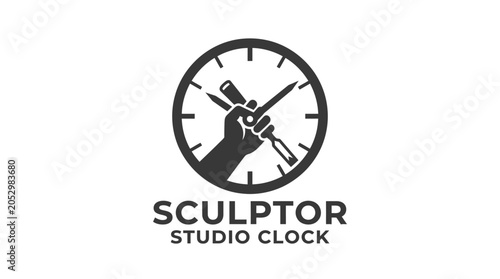 Foto Sculptor studio clock logo with hands holding art tools.