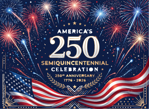 America 250 Semiquincentennial Celebration Background with Fireworks and Waving USA Flags