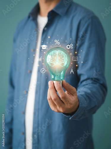 Businessman Presenting Futuristic AI Idea Light Bulb With Digital Interface