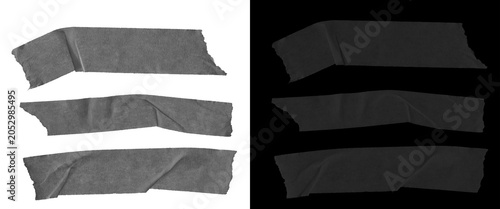 Fotografie Black duct tape strips set, wrinkled adhesive gaffer tape pieces on white and bl