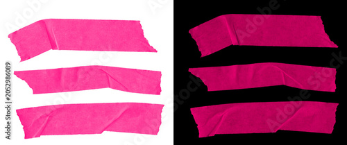 Neon pink masking tape strips set, vibrant adhesive paper tape collection, hot pink gaffer tape pieces isolated on white and black backgrounds