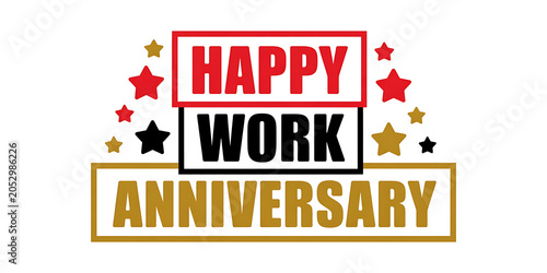 Happy Work Anniversary Celebration with Red Black and Gold Stars and Text on White Background