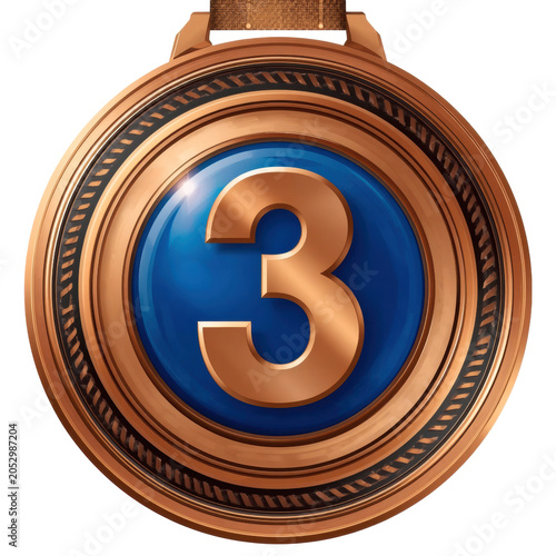 Bronze medal with number 3 and blue center isolated PNG third place award on transparent background