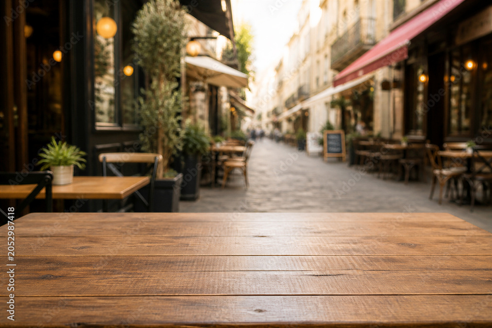 Fototapeta premium Empty wooden table at outdoor cafe on city street