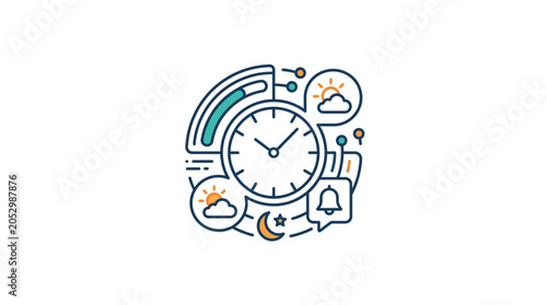 Digital clock interface with weather icons and notifications.