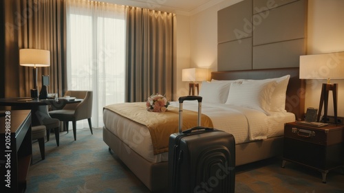 A suitcase stands inside a tidy hotel room with a comfortable bed to illustrate travel accommodation and hospitality.