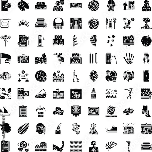 Set of solid black icons presenting a varied range of conceptual and descriptive symbols, perfect for illustrating themes from communication and technology to healthcare and environment