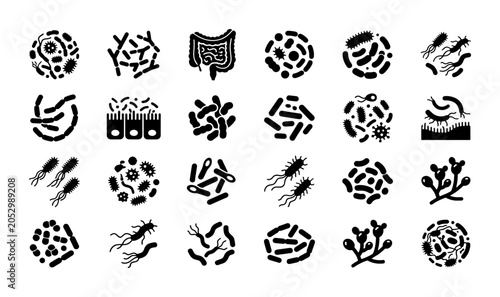 Фотография Microbiome and bacteria icon set, 24 black silhouette probiotic and gut health v