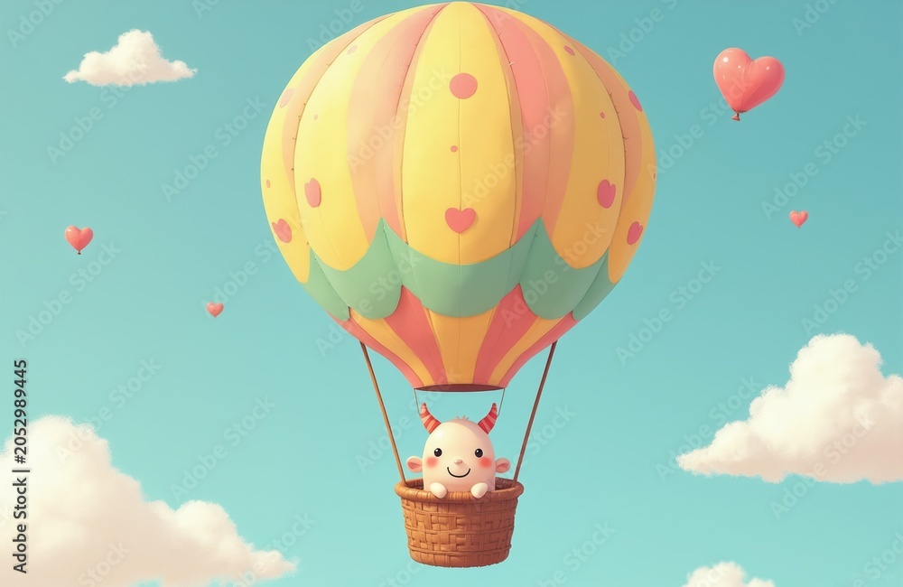Naklejka premium Cute cartoon demon rides in colorful hot air balloon. He flies in blue sky with heart shapes floating. Adorable creature soars above soft clouds.