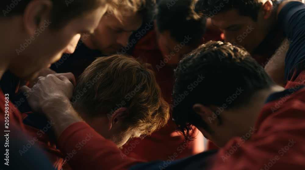Fototapeta premium United team of men huddling for motivation and focus before sports match, demonstrating teamwork and connection