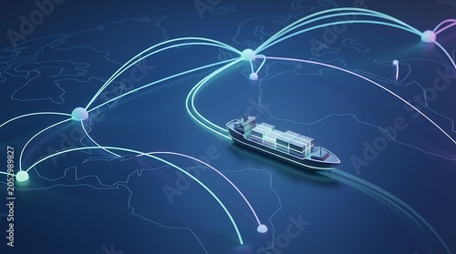 Global logistics and shipping network visualization with a cargo ship moving across a digital map connected by glowing data communication lines