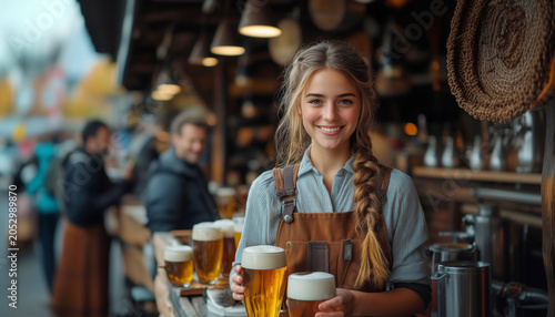 Smiling young woman in traditional Bavarian dress holding two beer mugs at lively festival gathering standing in old wooden hall with warm lights surrounded by joyful people celebrating cultural event