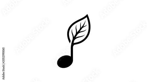 Minimalist black line art of a leaf growing from a musical note on a white background