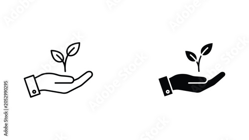 Hand holding a small plant with leaves vector icon set
