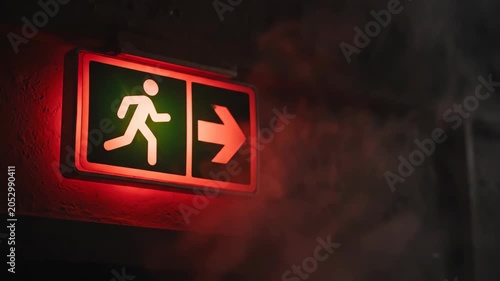 Illuminated emergency exit sign with smoke drifting in red light. Green running man symbol and arrow pointing right on a dark wall. Fire alarm and evacuation safety concept