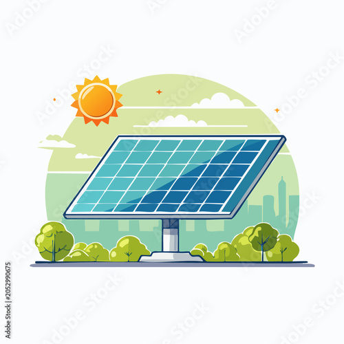Solar Panel in a Sunny Environment with City Skyline