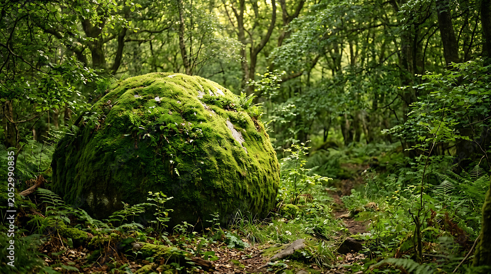 Obraz premium Large moss-covered boulder beside a forest path in lush green woodland