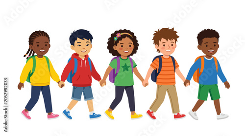 Φωτογραφία Diverse group of school children walking together with backpacks.