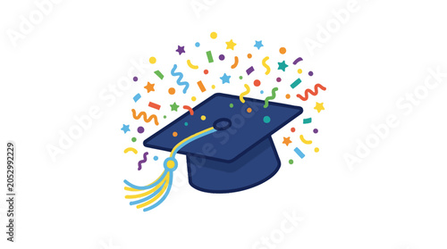 Blue graduation cap with colorful confetti isolated on white.