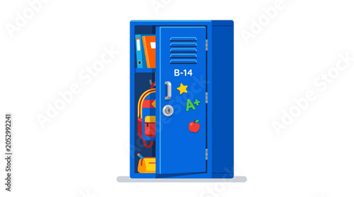 Open blue metal school locker with personal items.