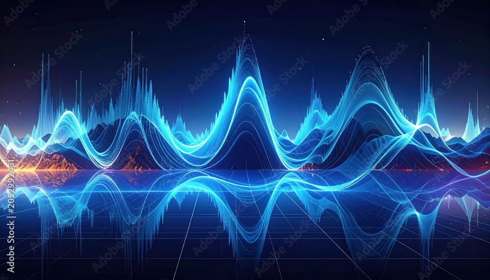 Naklejka premium Abstract Blue Sound Waveform with Light Particles and Reflection