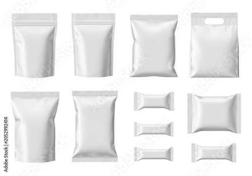 Set of various white blank plastic food packaging pouches and wrappers mockups isolated on transparent background