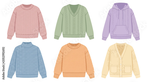 Six colorful knitted winter sweater icons on white background.