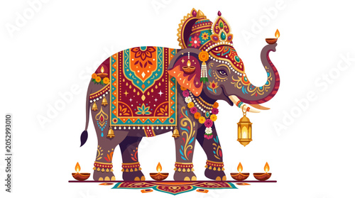 Bilde på lerret Ornately decorated Indian elephant carrying a traditional hanging lantern
