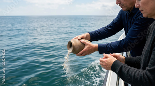 Couple scattering cremation ashes into the ocean from a boat. Man pouring remains from a brown ceramic urn during a maritime memorial service. Solemn farewell and burial at sea ceremony