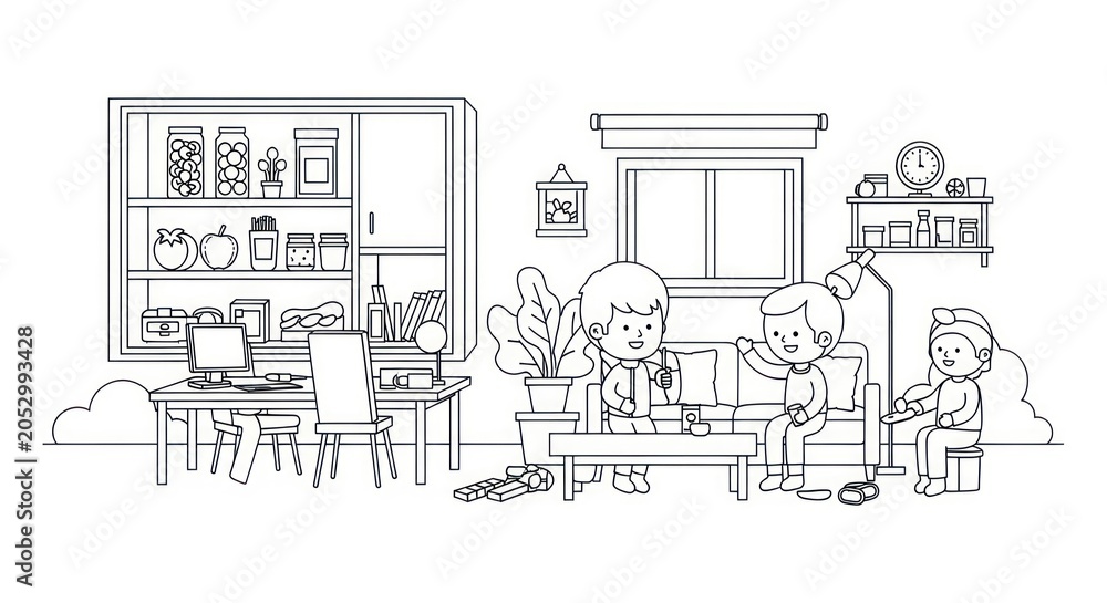 Obraz premium Children playing in a cozy living room coloring page