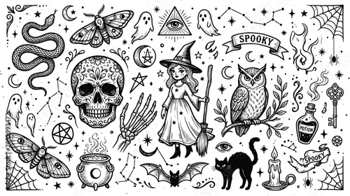 Bild auf Leinwand Spooky halloween witchcraft and occult elements set